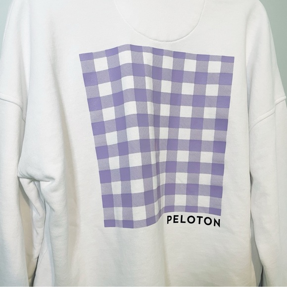 Peloton $68 Cropped Polo Sweatshirt White Purple Check Button Shirt Size Medium - Picture 5 of 8